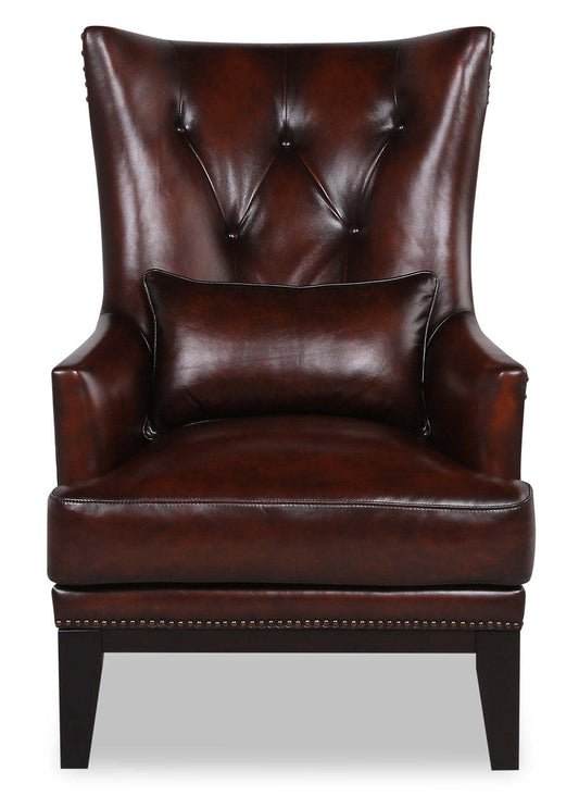 Fauteuil d'appoint Haden de 30 po en cuir avec coussin lombaire, véritables pattes en hévéa et bordure de clous décoratifs - brun