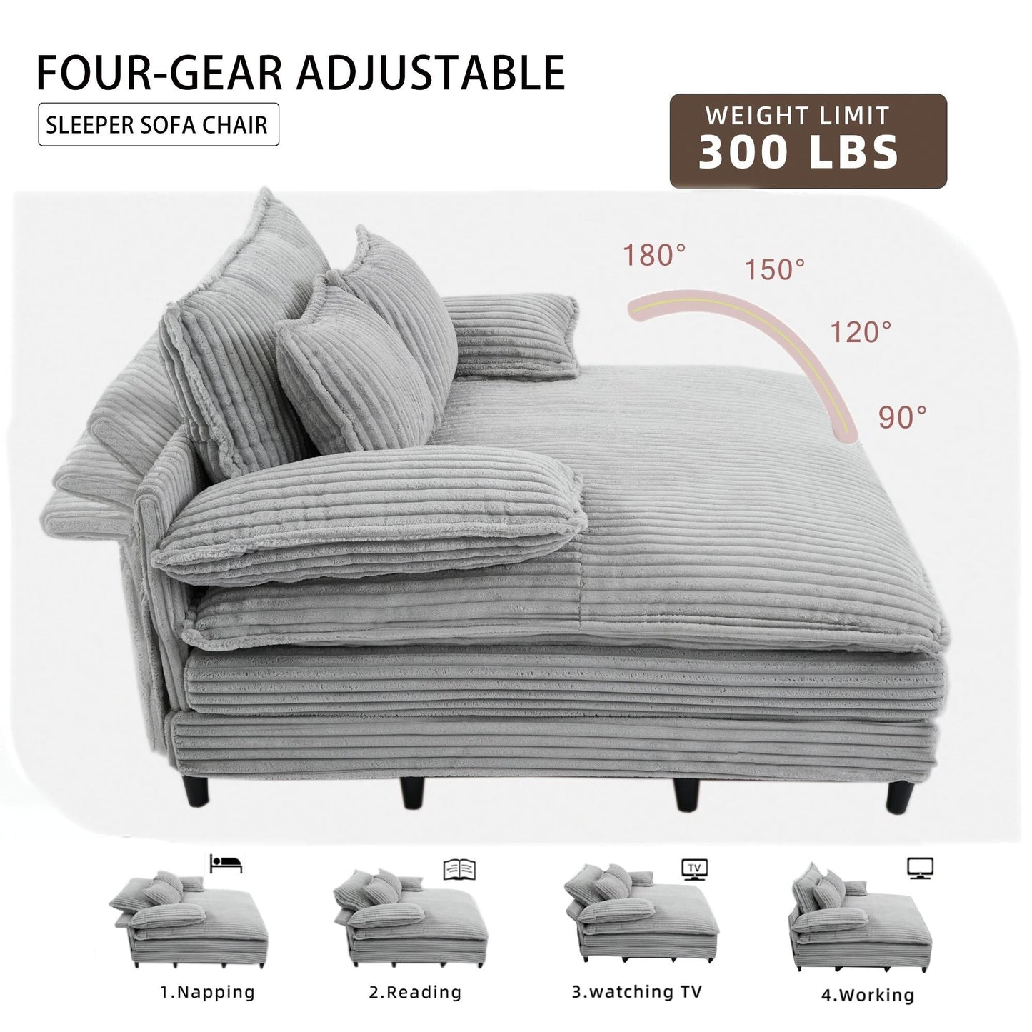 Canapé-lit Harmonia 109 W surdimensionné en velours côtelé, siège profond, double chaise longue avec 4 oreillers