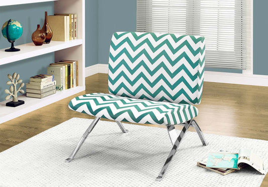 Chaise d'appoint en tissu à chevrons bleu sarcelle et métal chromé|Fauteuil d'appoint en métal chromé et tissu à motif de chevron bleu sarcelle|D90F7BOE