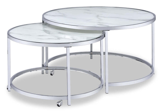 Josie 36 Glam Round Glass Top Nesting Coffee Tables - Grey Marble Look with Metal Legs|Tables à café gigognes rondes somptueuses Josie de 36 po avec dessus en verre - imitation de marbre gris avec pattes en métal