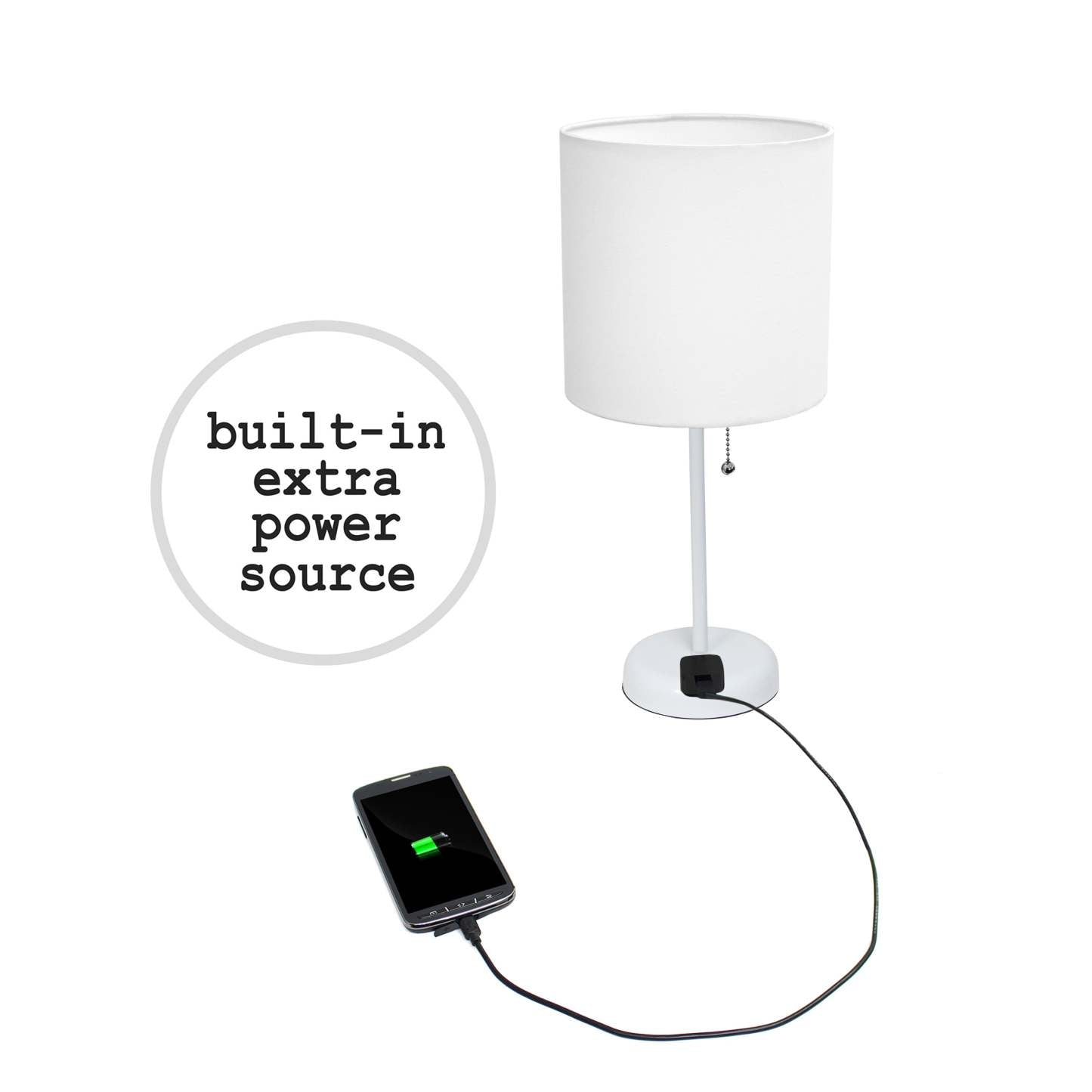 Lampe bâton blanche Limelights avec prise de charge et abat-jour en tissu, lampe de table blanche|Lampe de table Limelights blanche avec pied mince blanc et prise de recharge|D21U1R0U