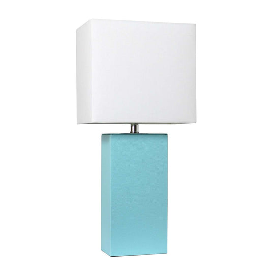 Lampe de table moderne Elegant Designs en cuir avec abat-jour en tissu blanc, turquoise | D21YP7WI
