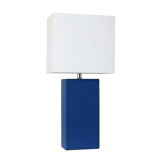 Lampe de table moderne Elegant Designs en cuir avec abat-jour en tissu blanc, bleue | D213KR7K