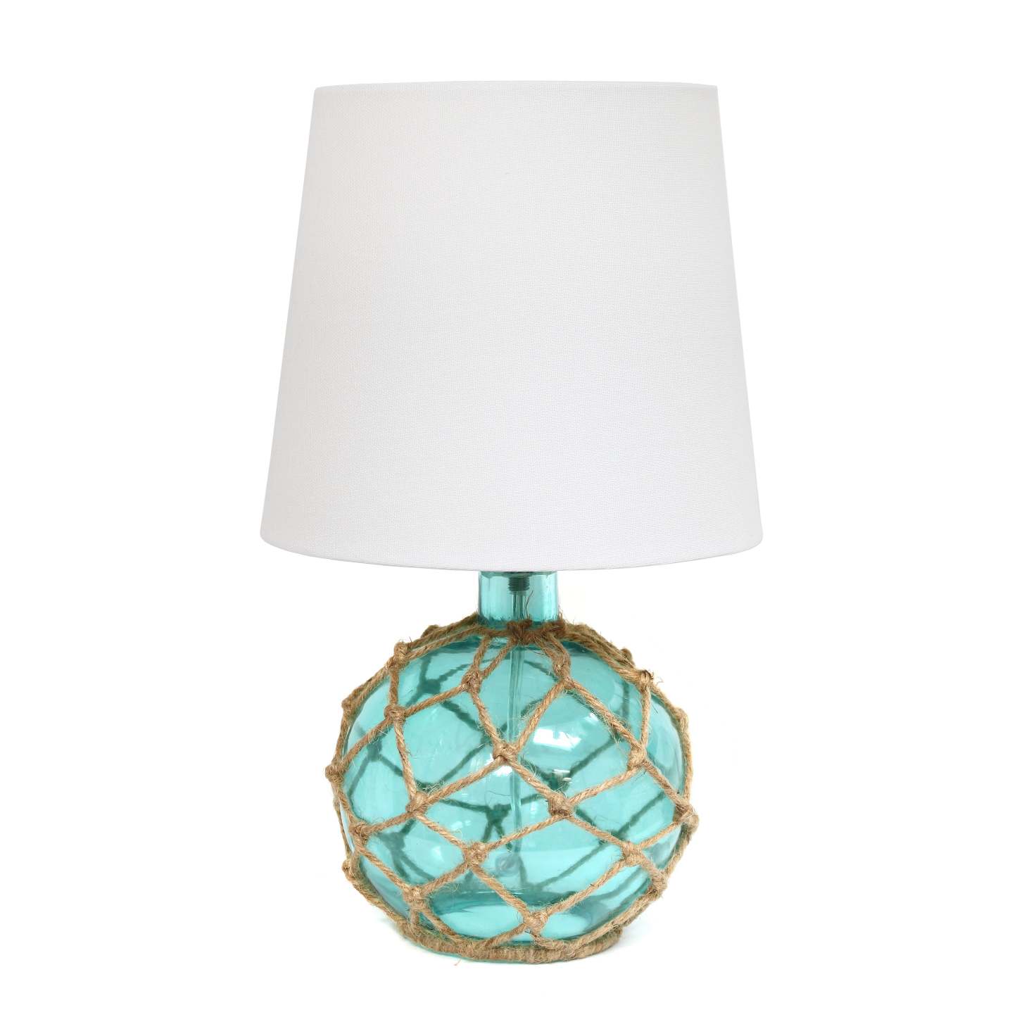 Elegant Designs Buoy Rope Nautical Netted Coastal Ocean Sea Glass Lampe de table avec abat-jour en tissu blanc, Aqua|Lampe de table Elegant Designs bouée en verre entourée d'un filet de corde nautique, turquoise|D22B3COM