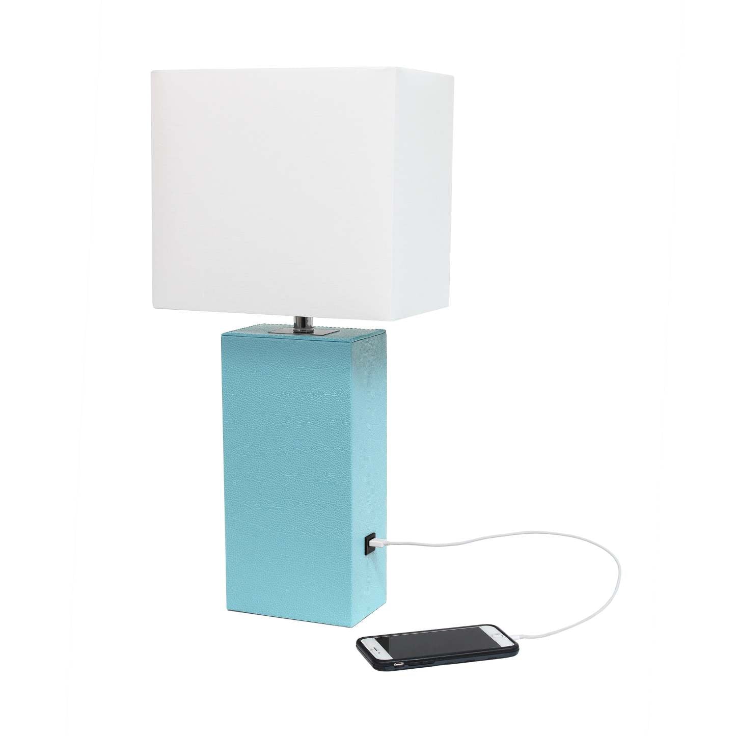 Lampe de table moderne Elegant Designs en cuir avec USB et abat-jour en tissu blanc, aqua|Lampe de table moderne Elegant Designs en cuir avec USB, turquoise|D21B1XXS