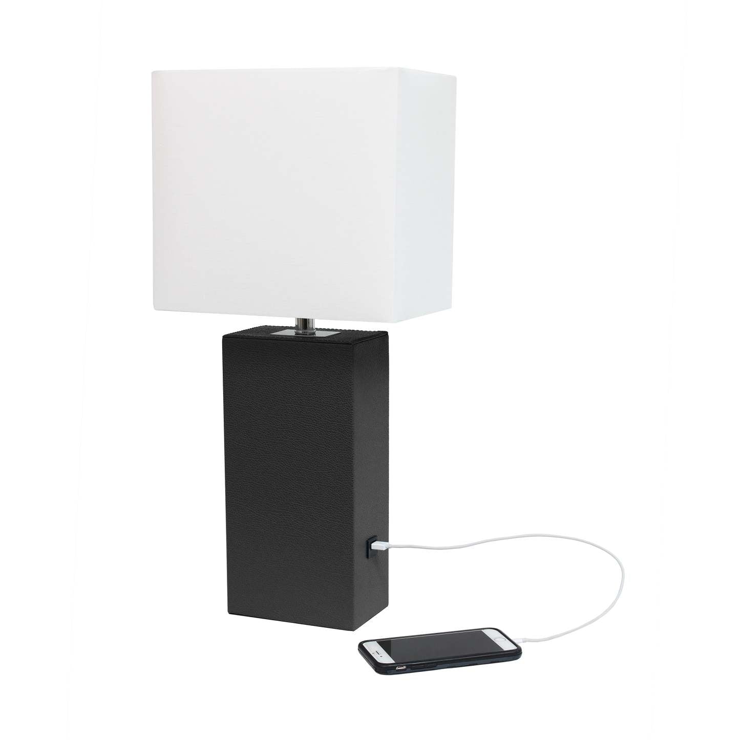 Lampe de table moderne Elegant Designs en cuir avec USB et abat-jour en tissu blanc, noire|Lampe de table moderne Elegant Designs en cuir avec USB, noire|D22R5BP1