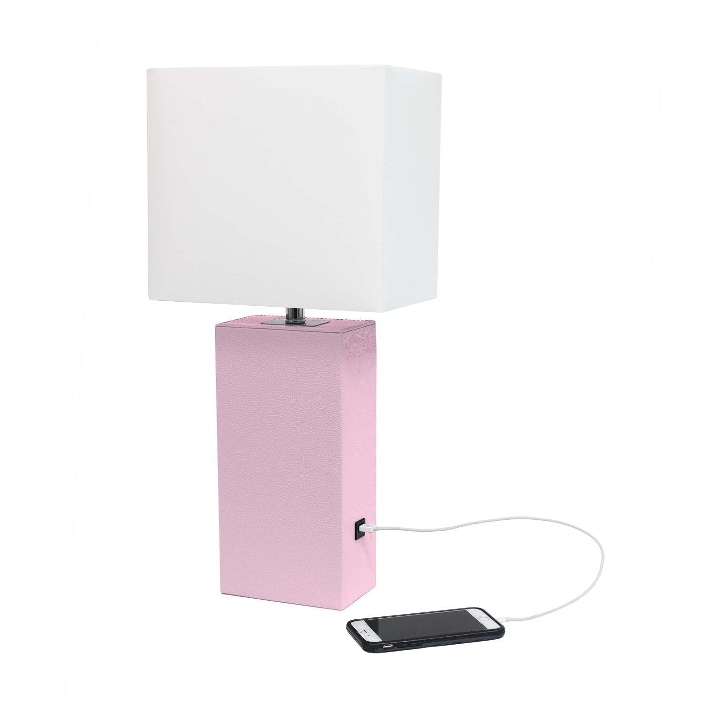 Lampe de table moderne Elegant Designs en cuir avec USB et abat-jour en tissu blanc, rose tendre|Lampe de table moderne Elegant Designs en cuir avec USB, rose tendre|D21PMNEU