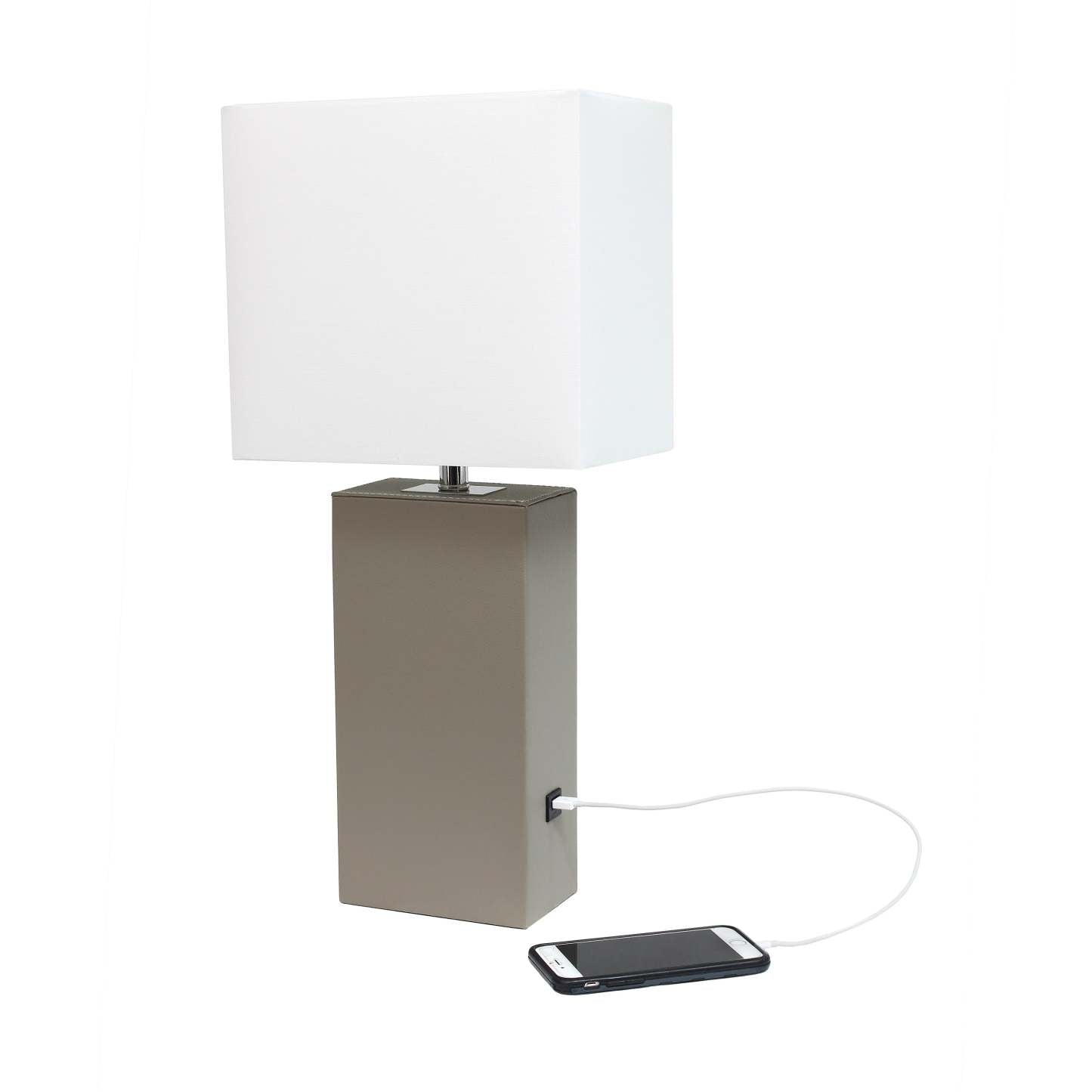 Lampe de table moderne Elegant Designs en cuir avec USB et abat-jour en tissu blanc, gris|Lampe de table moderne Elegant Designs en cuir avec USB, grise|D218300X