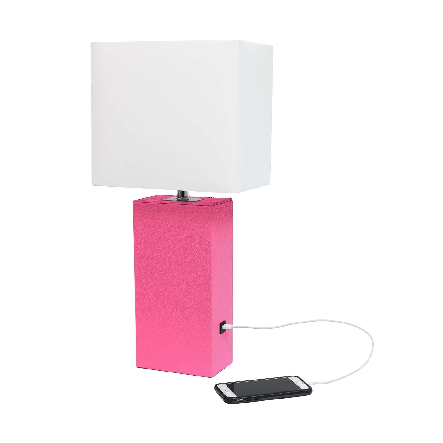 Lampe de table moderne Elegant Designs en cuir avec USB et abat-jour en tissu blanc, rose vif|Lampe de table moderne Elegant Designs en cuir avec USB, rose vif|D21FT7XE
