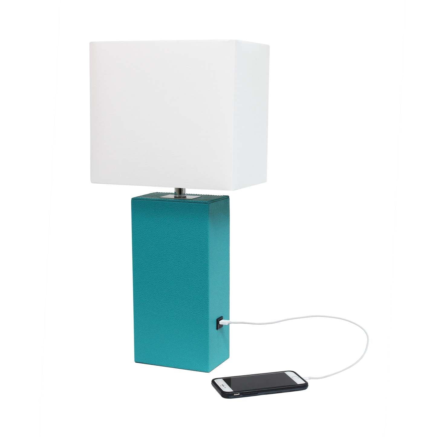 Lampe de table moderne Elegant Designs en cuir avec USB et abat-jour en tissu blanc, turquoise|D21L3SZ1