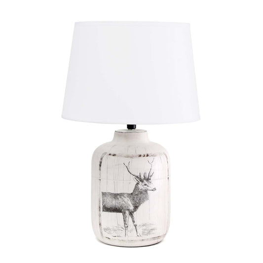 Simple Designs Rustic Deer Buck Nature Lampe de table d'appoint en céramique imprimée avec abat-jour en tissu|Lampe de table Simple Designs en céramique avec imprimé cerf et nature de style rustique champêtre|D21KSYKV