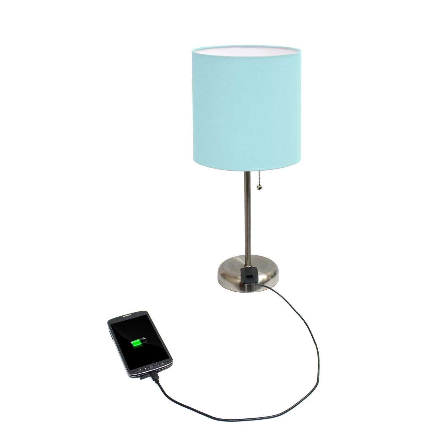 Limelights Stick Lamp with Charging Outlet And Fabric Shade, Aqua Table Lamp|Lampe de table Limelights turquoise avec pied mince et prise de recharge|D21RWNXM