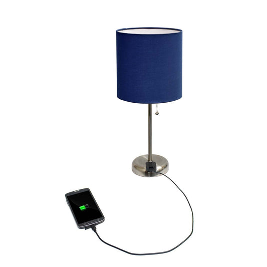 Limelights Stick Lamp with Charging Outlet And Fabric Shade, Navy Table Lamp|Lampe de table Limelights bleu marine avec pied mince et prise de recharge|D210QXQO