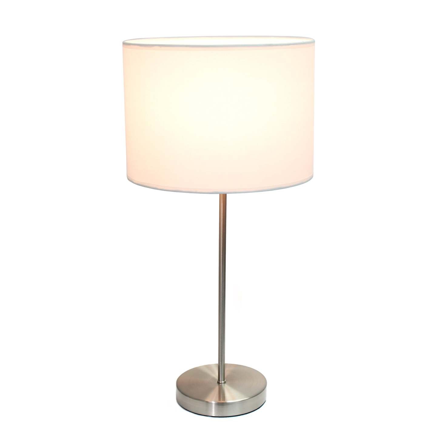 Simple Designs Brushed Nickel Stick Lamp with Fabric Shade, White Table Lamp|Lampe de table blanche Simple Designs avec pied mince nickel brossé|D21RJG62