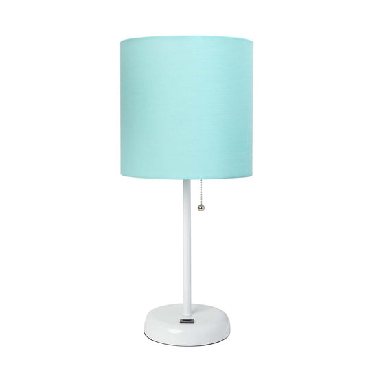 Limelights White Stick Lamp with Usb Charging Port And Fabric Shade, Aqua Table Lamp|Lampe de table Limelights turquoise avec pied mince blanc et port de recharge USB|D21N4ONH