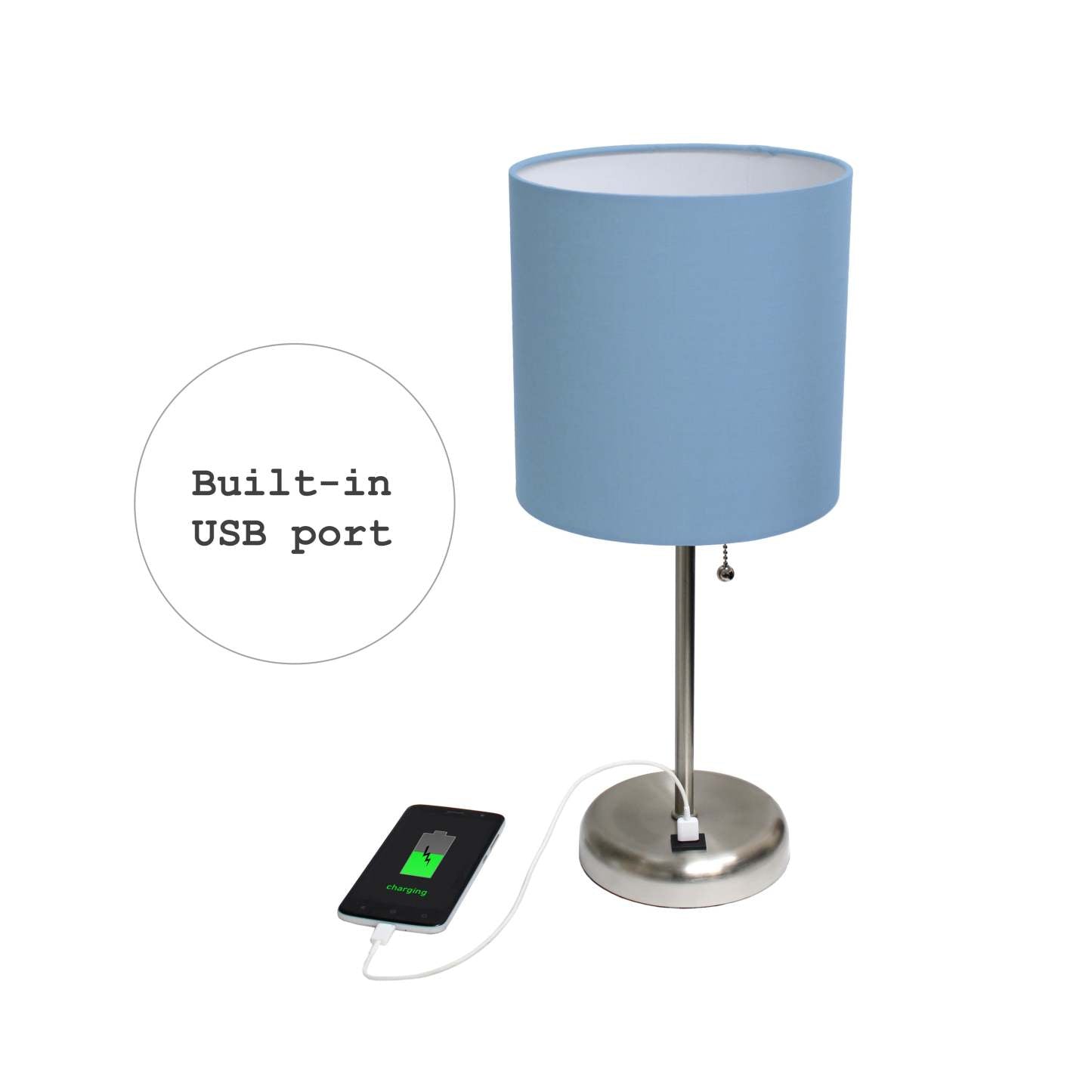 Limelights Stick Lamp with Usb Charging Port And Fabric Shade, Blue Table Lamp|Lampe de table Limelights bleue avec pied mince et port de recharge USB|D21HPLBJ