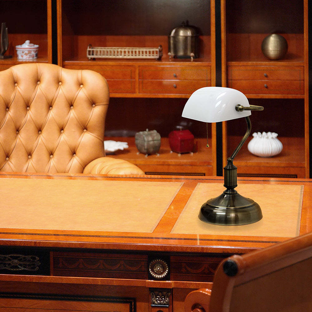 Lampe de bureau/de travail de type banquier Simple Designs avec abat-jour en verre, blanche|D23MJH64