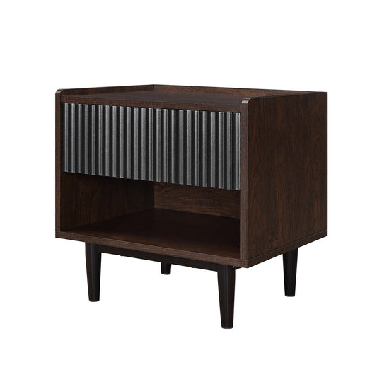 Manhattan Comfort Duane Modern Ribbed Nightstand with Full Extension Drawer - Dark Brown & Black|Table de nuit moderne Duane de Manhattan Comfort avec cannelures et tiroir à extension complète - brun foncé et noire