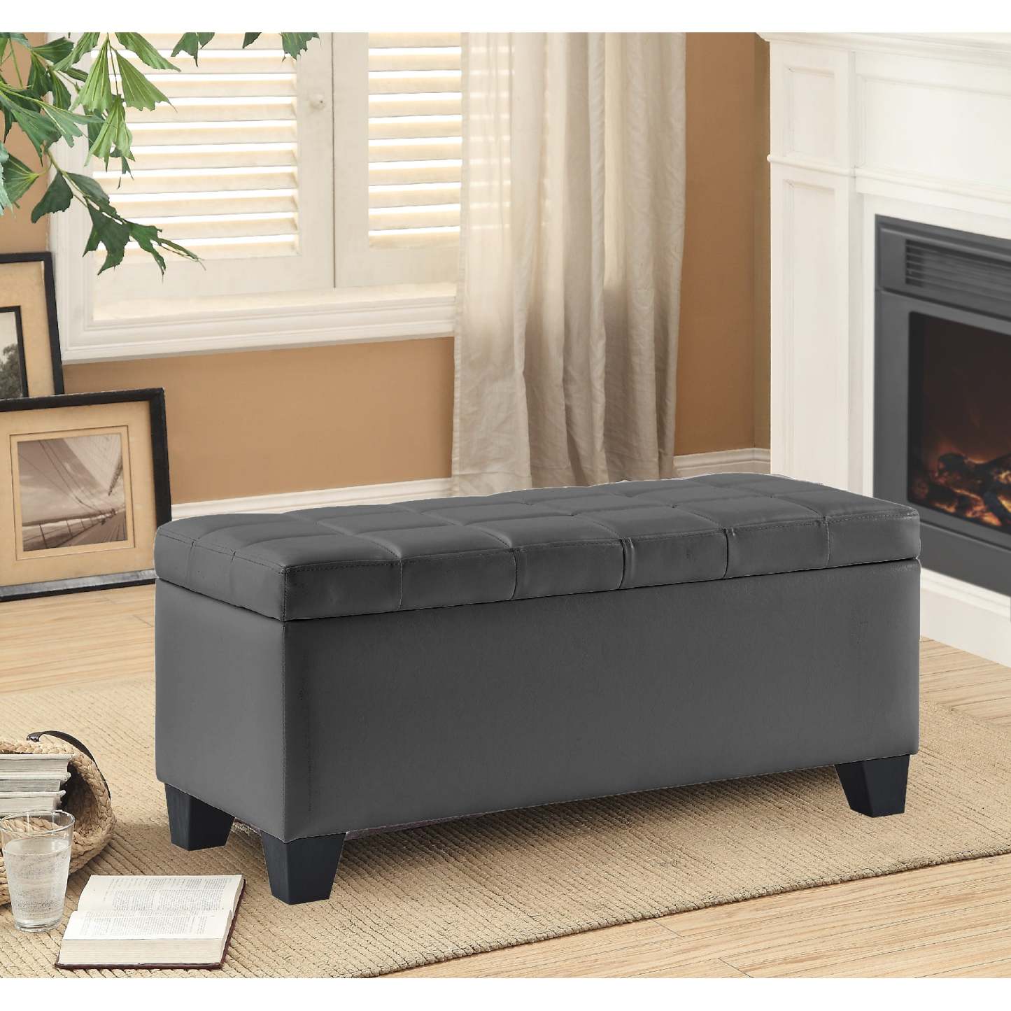 Pleather Impression Bench with Storage Grey|Banc en similicuir gris avec rangement
