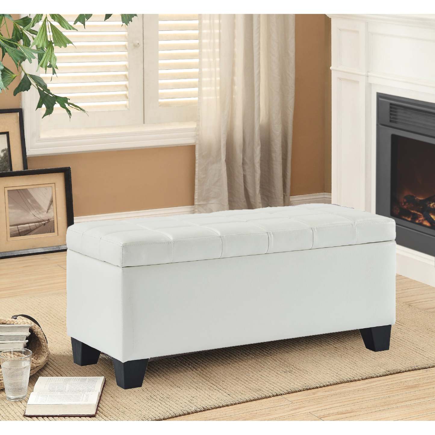 Pleather Impression Bench with Storage White|Banc en similicuir blanc avec rangement