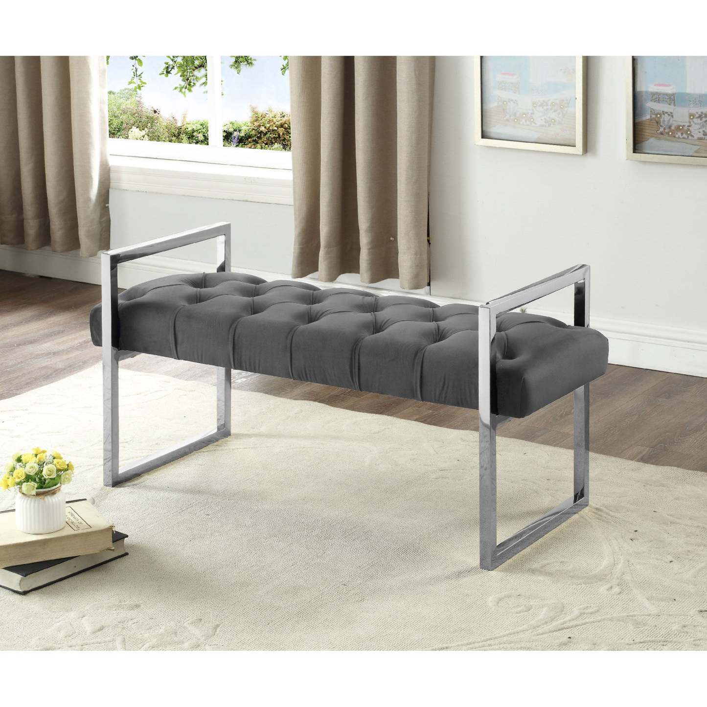 Banc Impérial Capitonné avec Support Argenté Bancs Gris|Banc Impérial capitonné gris avec support argenté