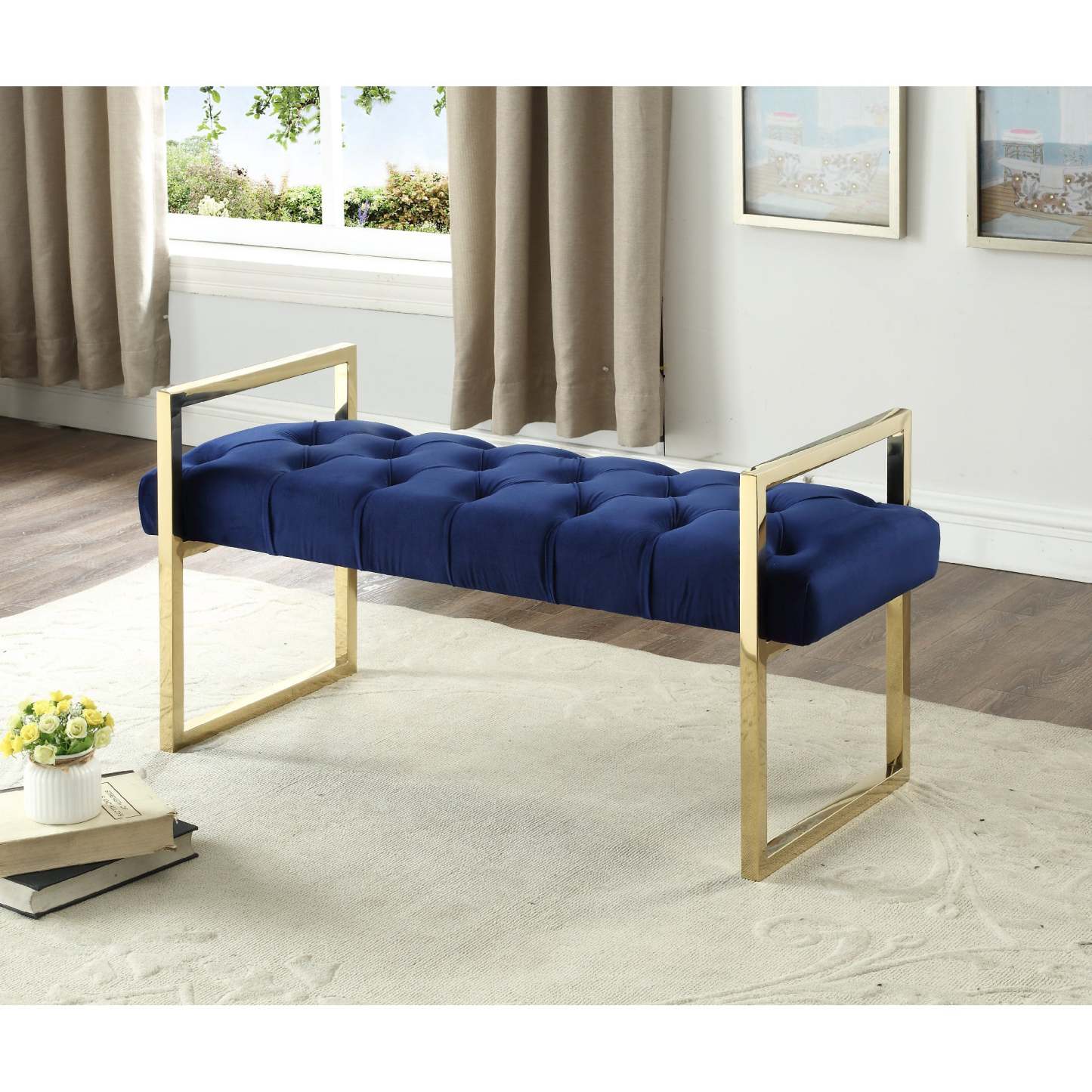 Banc Imperial Capitonné avec Support Doré Navy Benches|Banc Imperial capitonné bleu marine avec support doré
