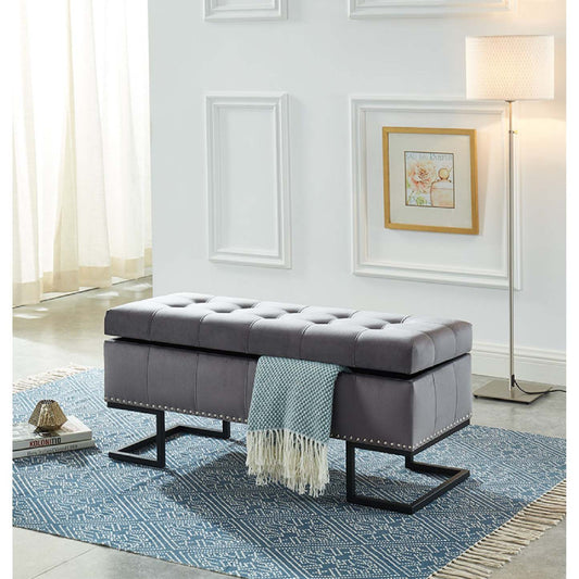 Ottoman Double Capitonné Imperial avec Clous et Bancs Gris Base Noire|Pouf Imperial capitonné gris à deux usages avec clous décoratifs et base noire