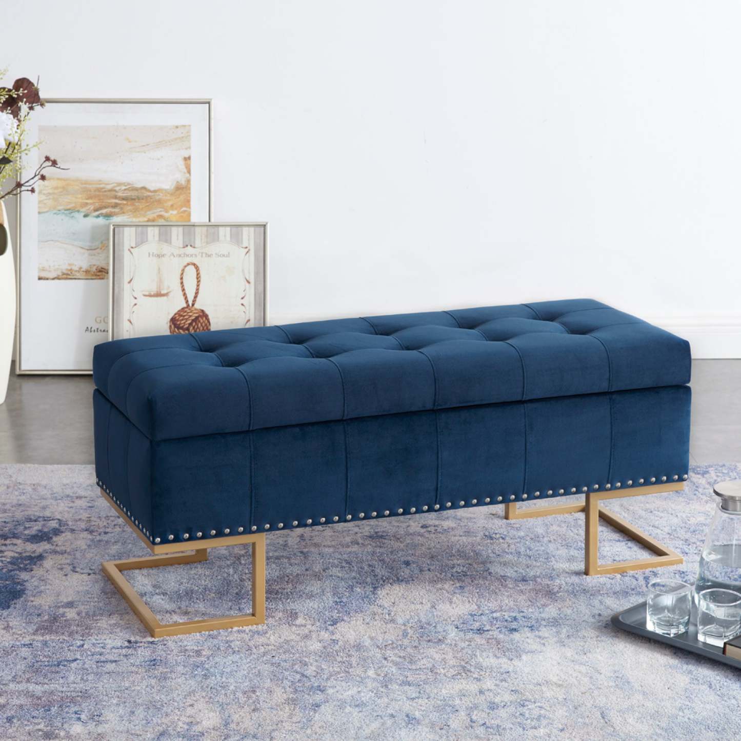 Imperial Tufted Double Ottoman with Studs and Gold Base Navy Benches|Pouf Imperial capitonné bleu marine à deux usages avec clous décoratifs et base dorée