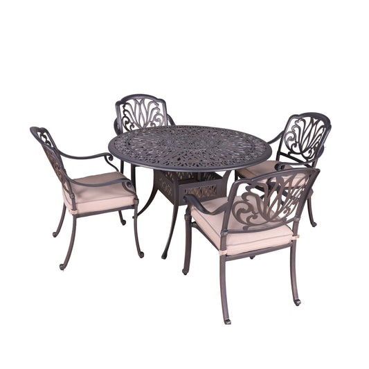 Ensemble de salle à manger rond en aluminium Saratoga 5 pièces avec coussins Sunbrella - Meilleur mobilier d'extérieur