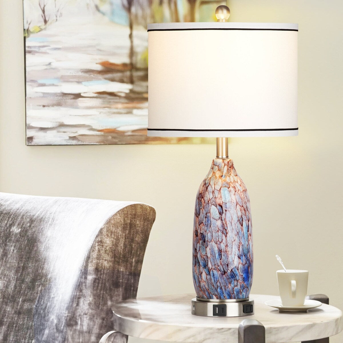 Lampe de table 2 en 1 avec veilleuse en verre indigo, ports de charge, prise secteur, abat-jour tambour, interrupteur tactile à intensité variable (lot de 2)