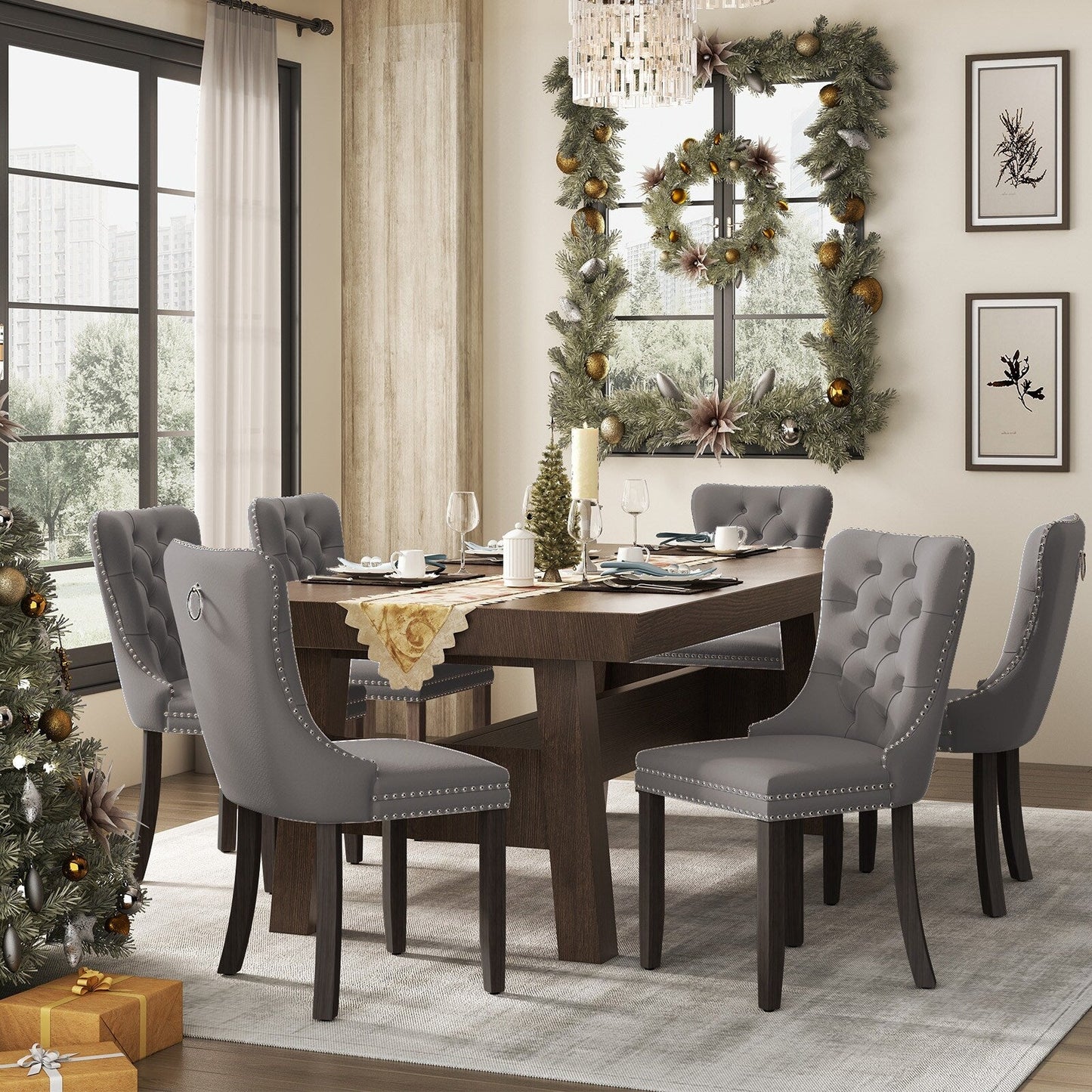 Chaise de salle à manger capitonnée en velours avec pieds en bois massif, lot de 6