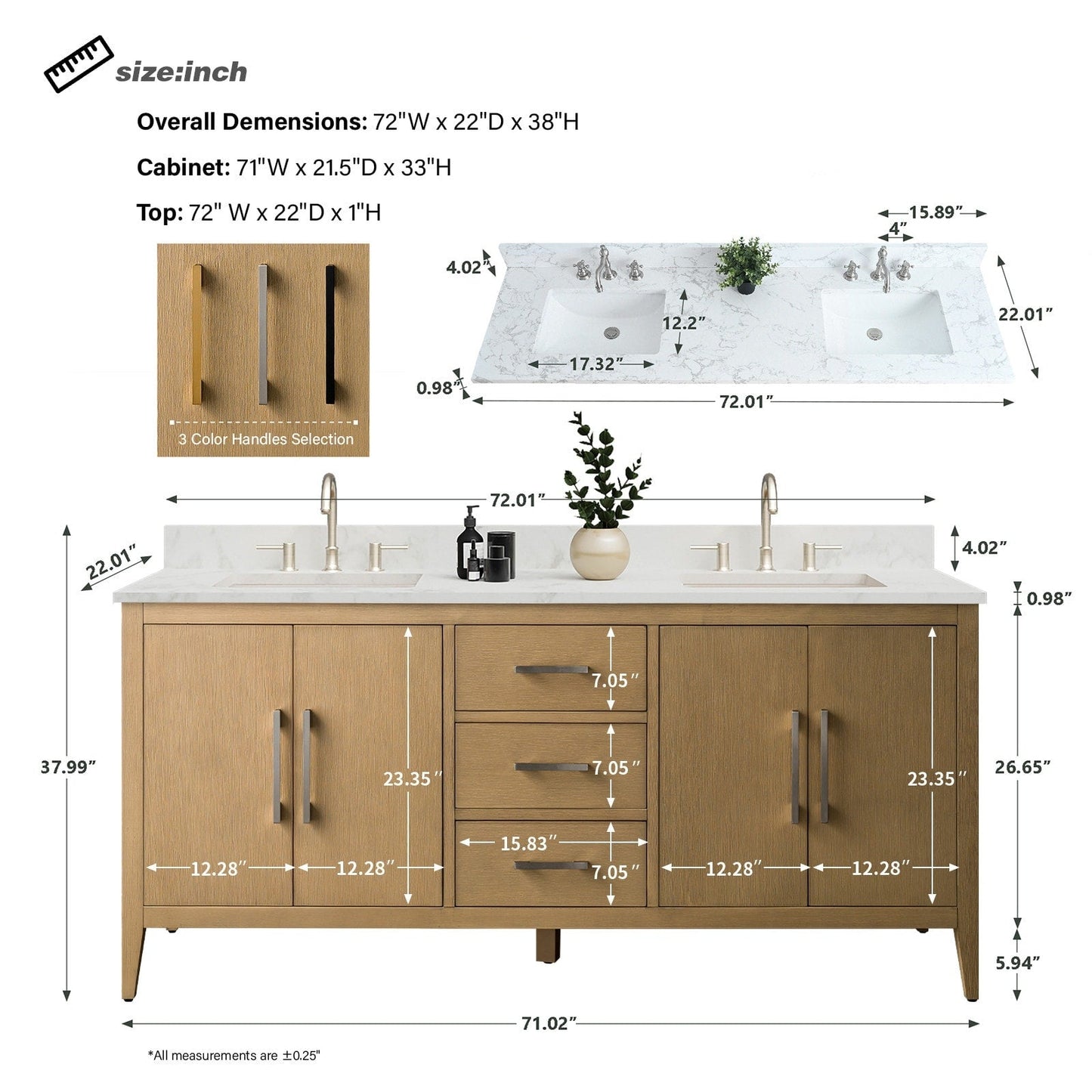 Meuble-lavabo double vasque Vanity Art 72 avec plateau en marbre reconstitué