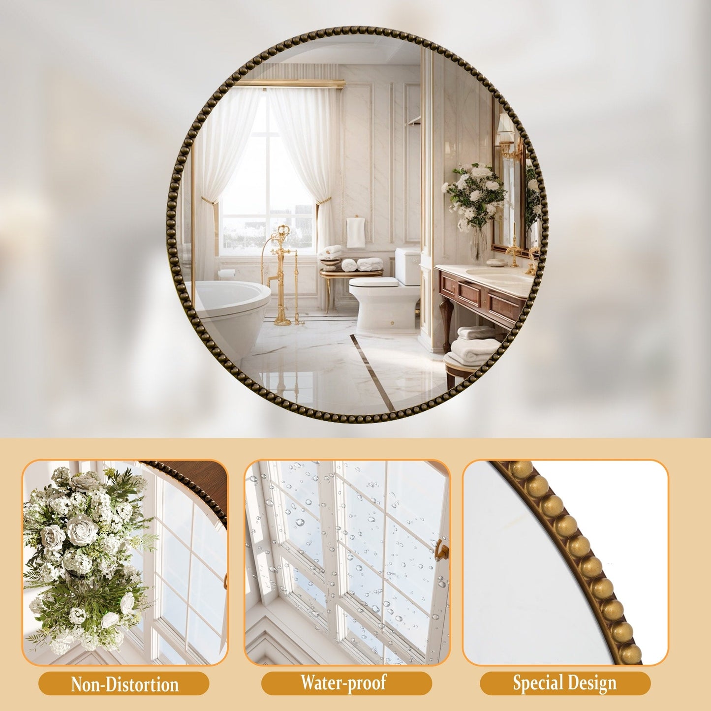 Miroir de salle de bain rond vintage avec cadre perlé