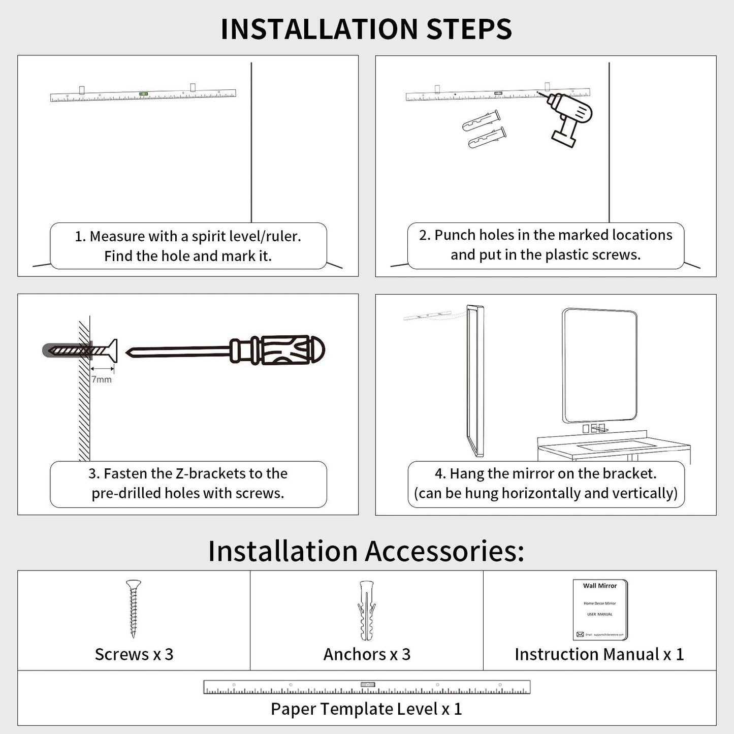 Miroir mural de salle de bain avec coins arrondis (1 pièce)