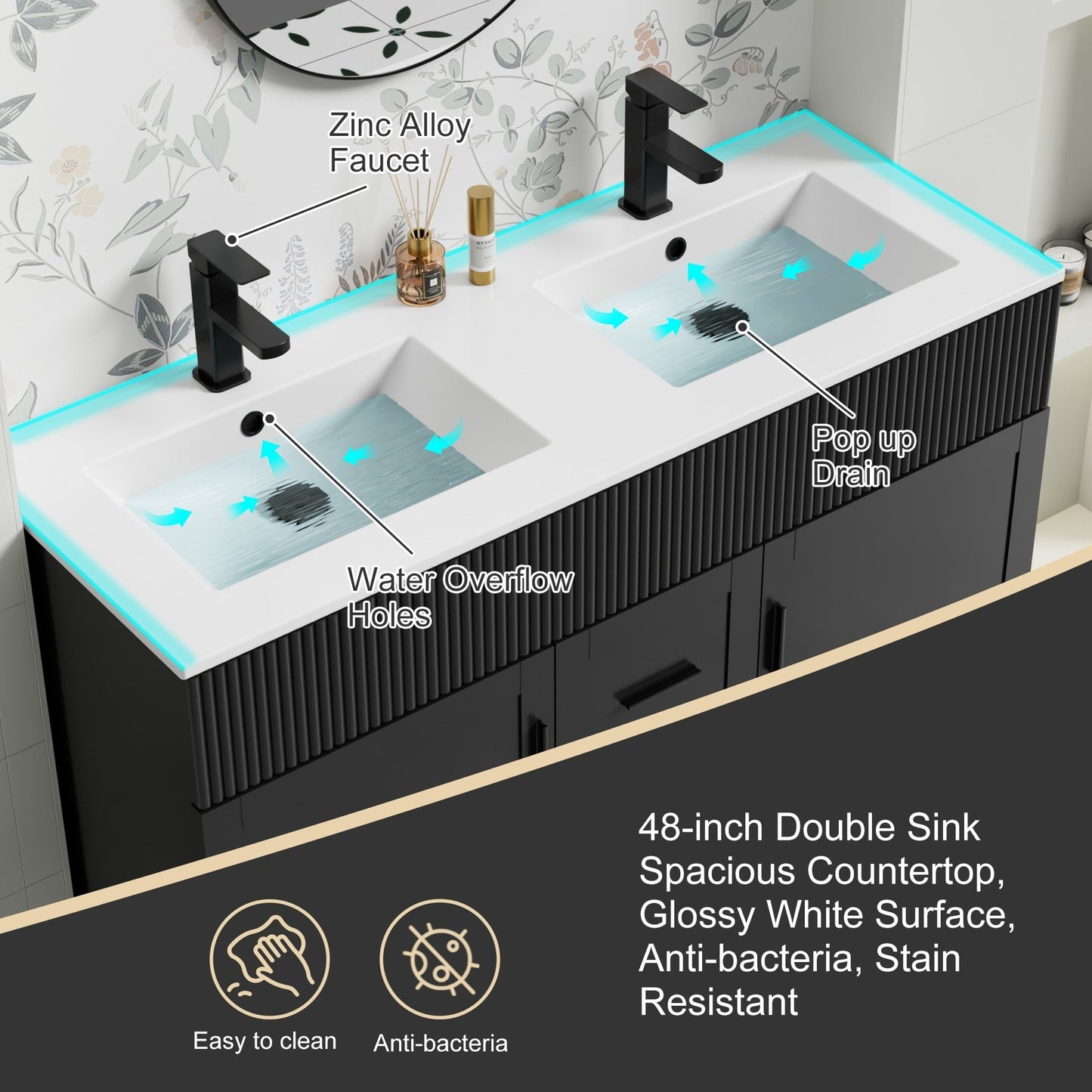 Ensemble de meuble-lavabo Wavy Line 30/36/48 avec lavabo et robinet