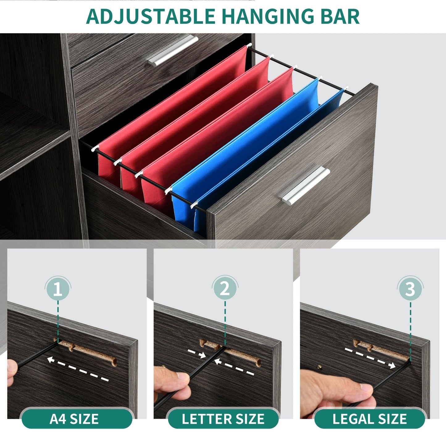 Classeur latéral mobile en bois avec station de charge verrouillable, compatible avec les dossiers de format A4, Lettre et Légal