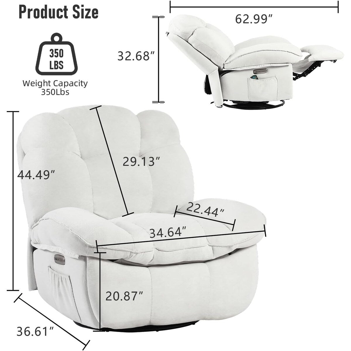 Fauteuil inclinable pivotant électrique XINMICS, fauteuils inclinables à bascule massants avec chauffage, USB, USB-C et poche latérale