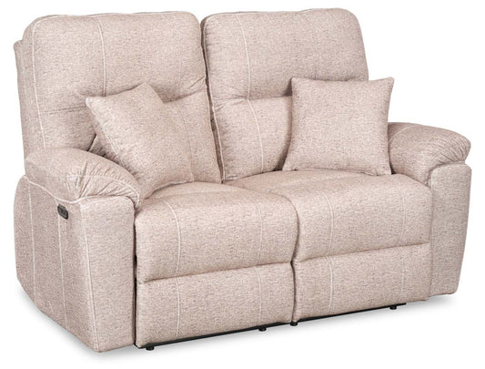 Causeuse à inclinaison électrique Dawson de 64 po fabriquée au Canada en tissu avec port USB et coussins décoratifs - beige