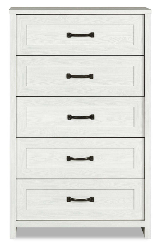 Commode de chambre à coucher Dove, 5 tiroirs, 30,5 L x 49 H, fabriquée au Canada - Blanc | Commode verticale Dove de 30,5 po (L) x 49 po (H) à 5 tiroirs pour la chambre à coucher, fabriquée au Canada - blanche