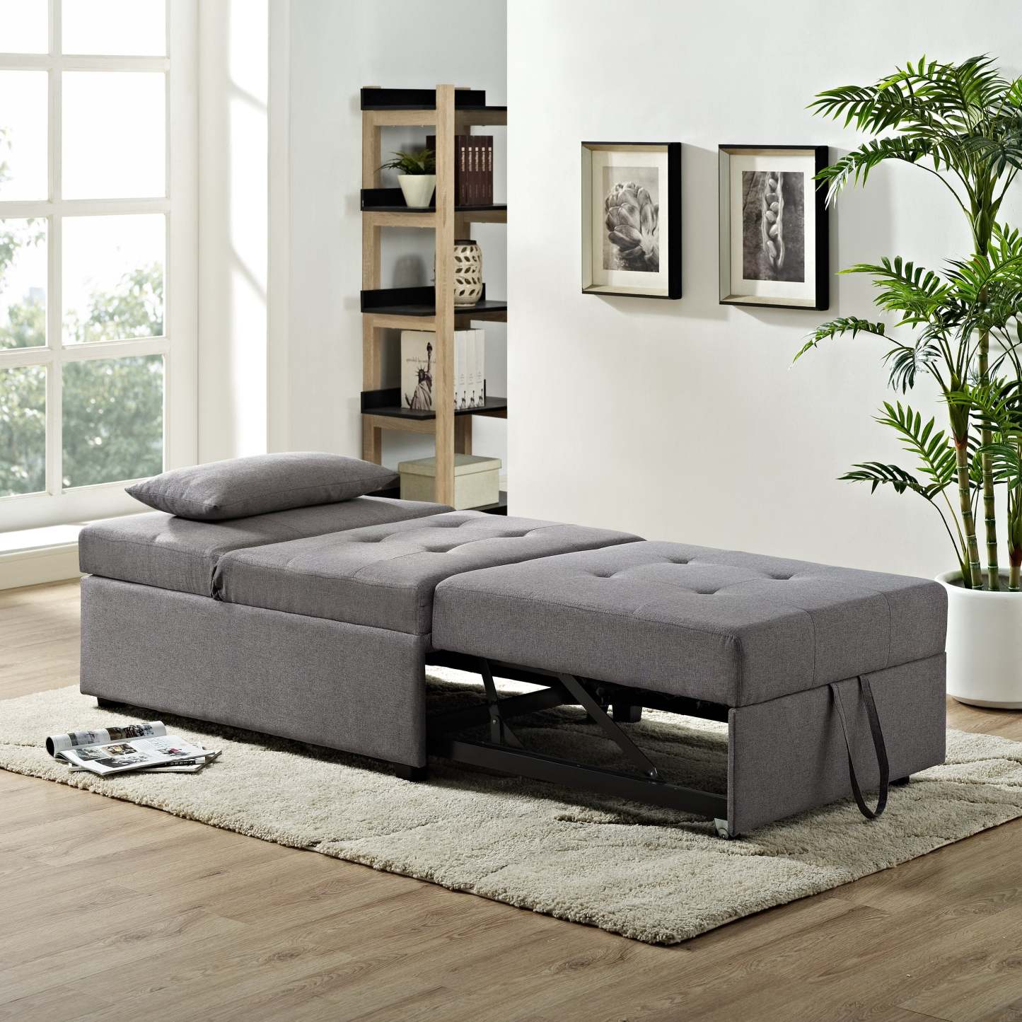 Dune 43.75 Fauteuil-lit convertible en tissu avec coussins capitonnés - Gris | Fauteuil lit convertible Dune de 43,75 po en tissu avec coussins capitonnés - gris