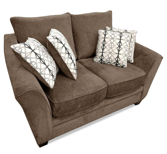 Made in Canada Febe 64 Chenille Fabric Condo Size Loveseat with Flared Arms and Accent Pillows - Brown | Causeuse Febe de 64 po de format condo fabriquée au Canada en tissu de chenille avec accoudoirs évasés et coussins décoratifs - brune