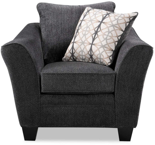 Fauteuil Febe de 43 po de format condo fabriqué au Canada en tissu de chenille avec accoudoirs évasés et pattes en bois - gris anthracite