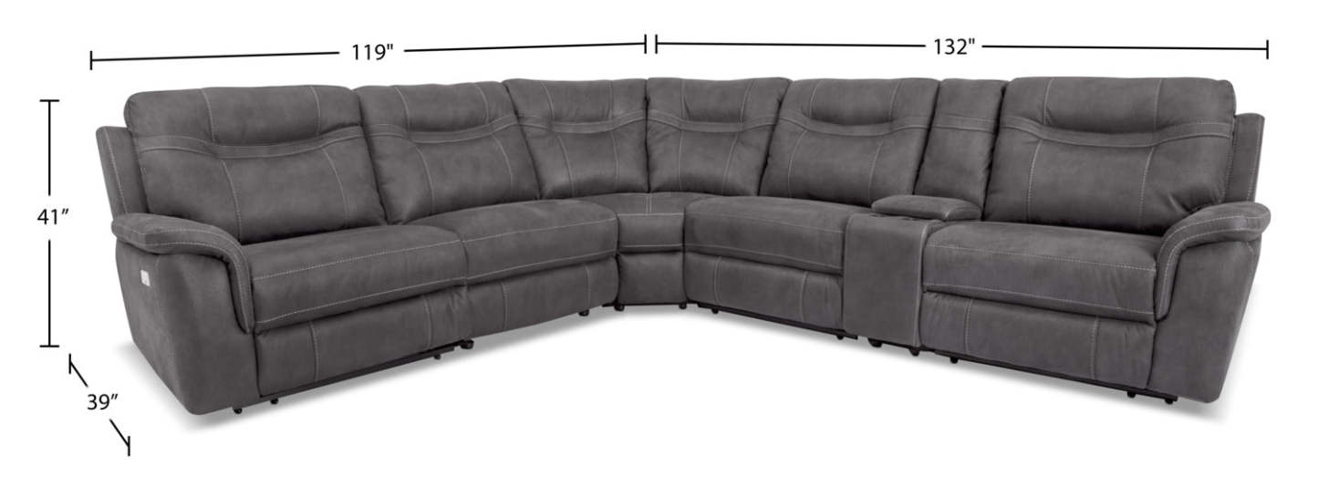 Sofa sectionnel à inclinaison électrique Floy 6 pièces en suédine avec appuie-têtes électriques, console de rangement et port USB - gris