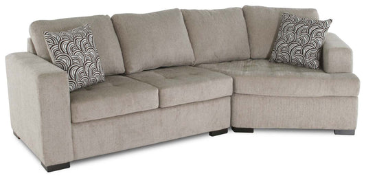 Made in Canada Legend 2-Piece Right-Facing Chenille Fabric Cuddler Sectional - Platinum Beige | Canapé sectionnel droit Legend 2 pièces fabriqué au Canada en tissu de chenille avec fauteuil enveloppant - beige platine