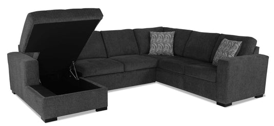 Made in Canada Legend 3-Piece Left-Facing Chenille Fabric Sleeper Sectional with Storage Chaise - Pepper Grey | Canapé-lit sectionnel de gauche Legend 3 pièces fabriqué au Canada en tissu de chenille avec chaise longue de rangement - gris poivre