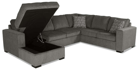 Made in Canada Legend 3-Piece Left-Facing Chenille Fabric Sleeper Sectional with Storage Chaise - Pewter Brown | Canapé-lit sectionnel de gauche Legend 3 pièces fabriqué au Canada en tissu de chenille avec chaise longue de rangement - brun étain