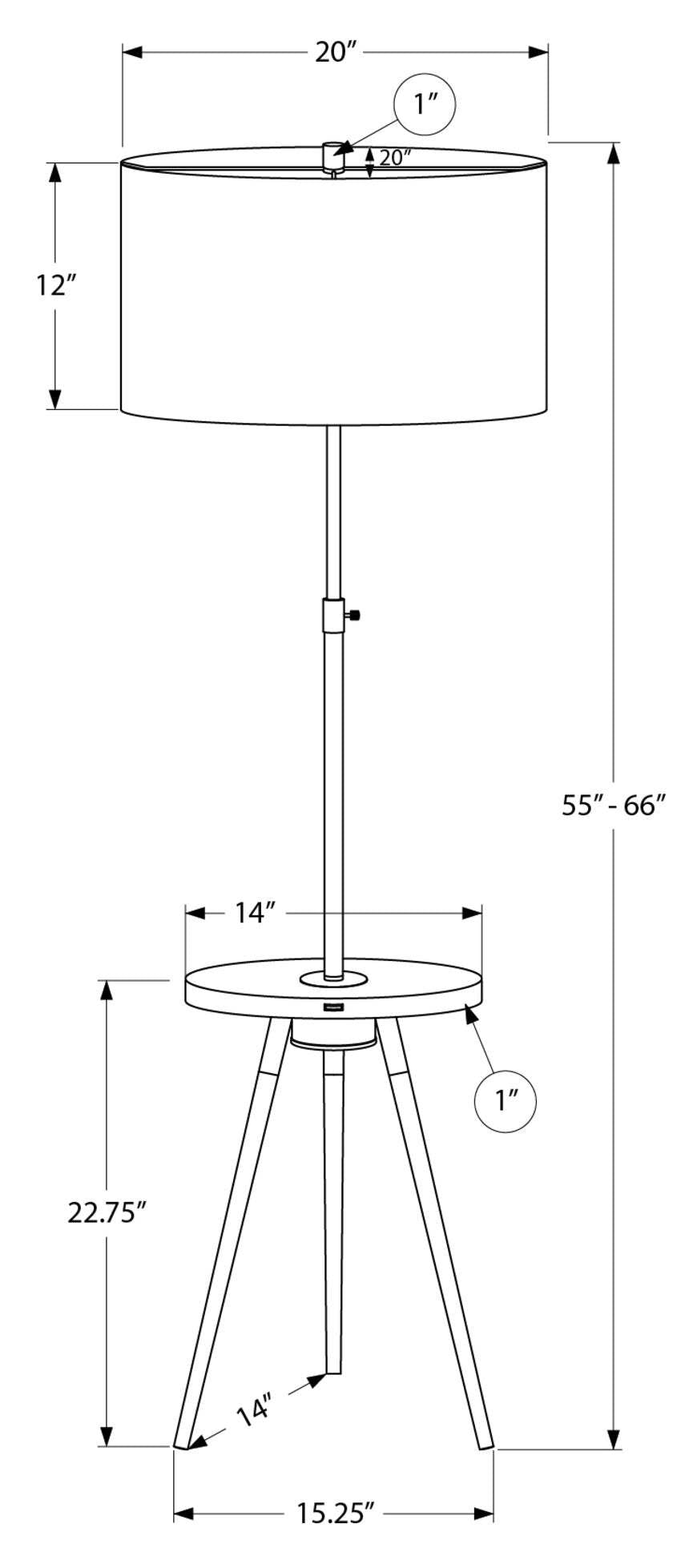 Lampadaire trépied en métal laiton 63 avec port USB|Lampe à pied de style trépied de 63 po en métal laiton avec port USB