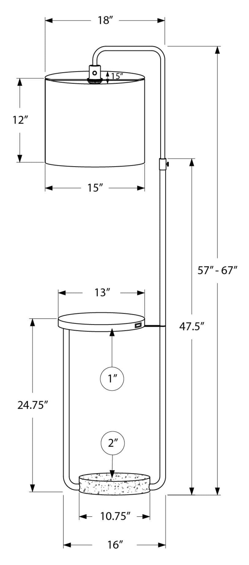 Lampadaire 67 en métal noir avec port USB|Lampe à pied de 67 po en métal noir avec port USB
