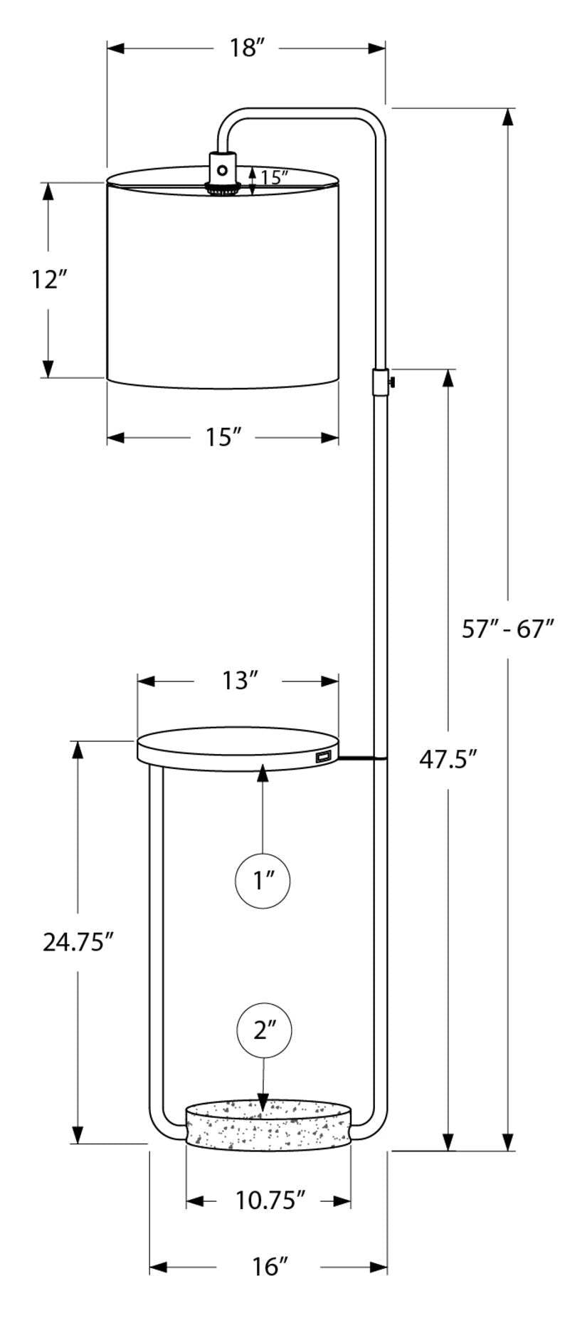 Lampadaire en métal 67 Brass avec port USB|Lampe à pied de 67 po en métal laiton avec port USB