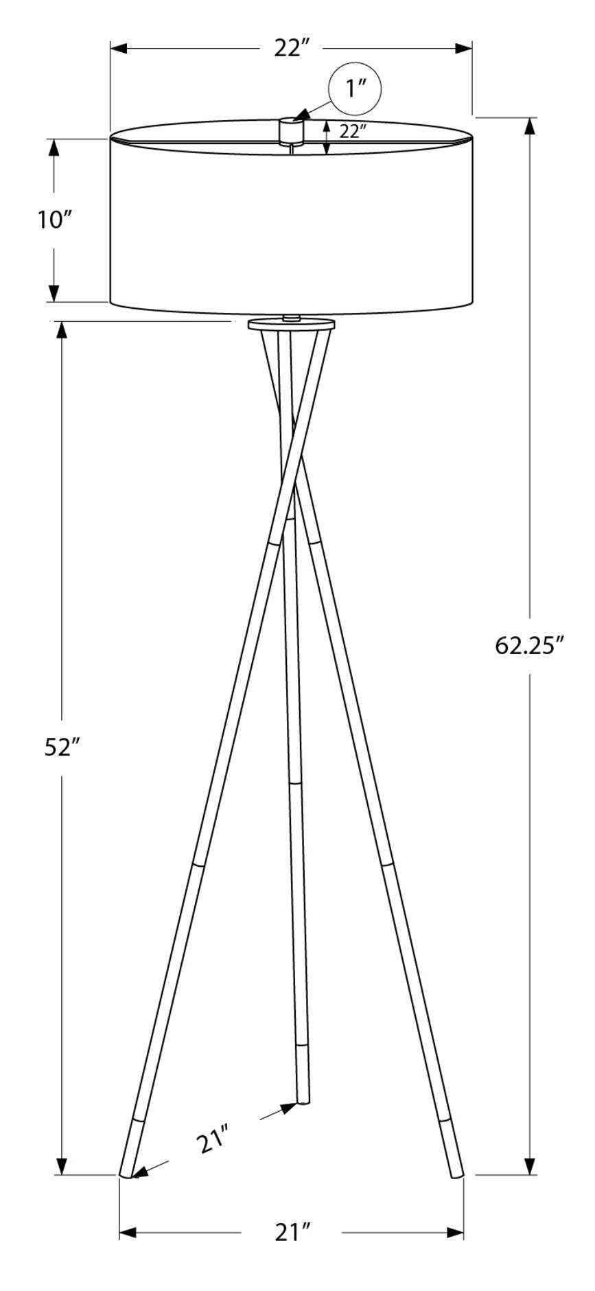 Lampadaire trépied en métal nickel 62|Lampe à pied de style trépied de 62 po en métal nickel